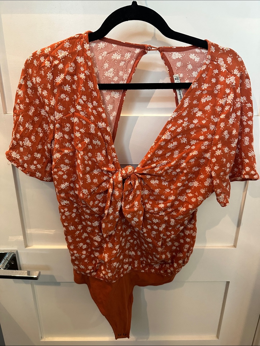 Women's Rust Floral Tie-Front Bodysuit Top